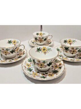 Vtg Royal Doulton Chatsworth Yellow Green Teacup And Saucer Set Of 4 Floral